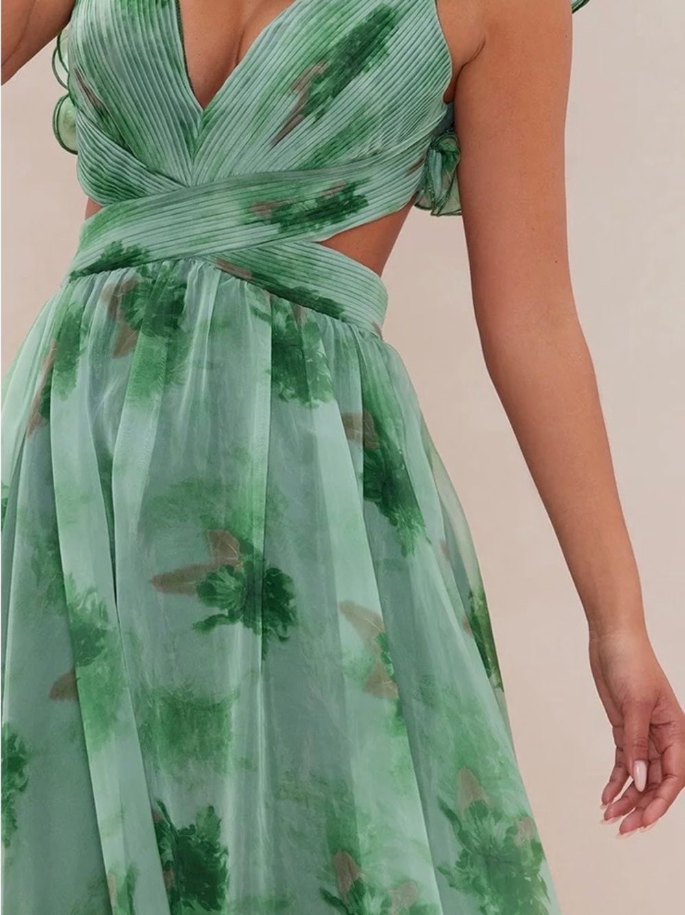 Green Floral Chiffon Wrap Waist Dress